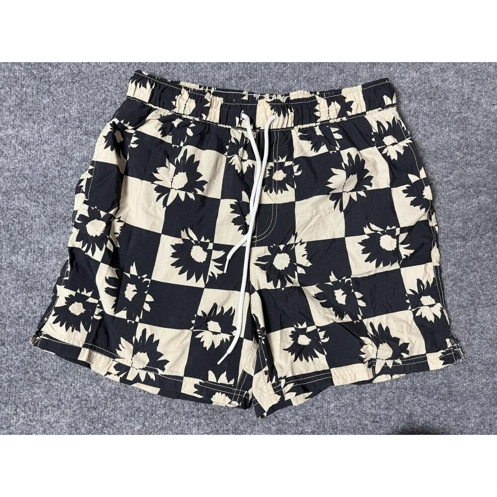 Urban Outfitters Swim Trunks Mens L Black Floral Check Elastic Waist Mesh Lined
